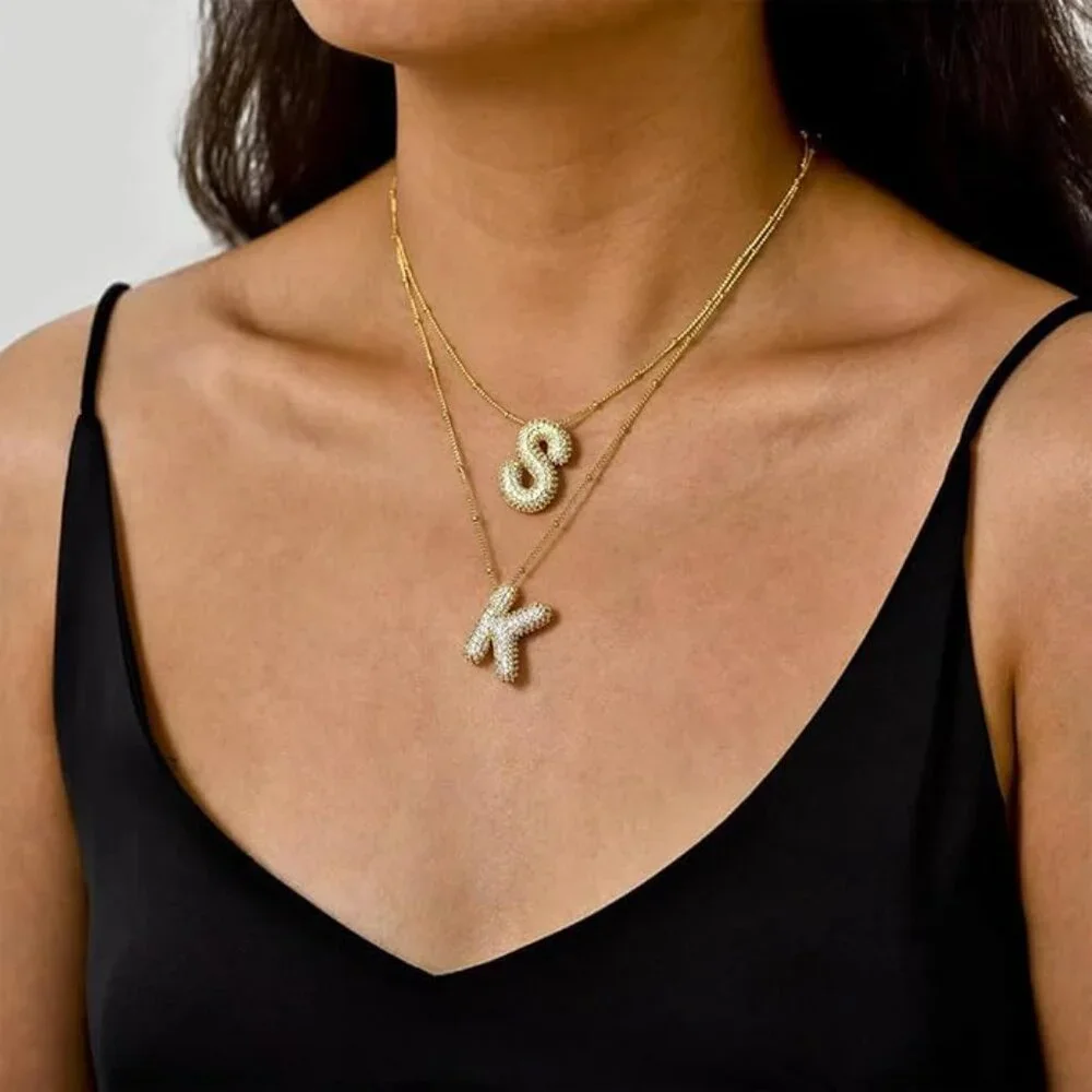 Gold Bubble Letter M Necklace CZ Initial Pendant Gold Tone Layering Necklace